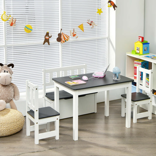 Kids Wooden Activity Table and Chairs Set with Storage Bench