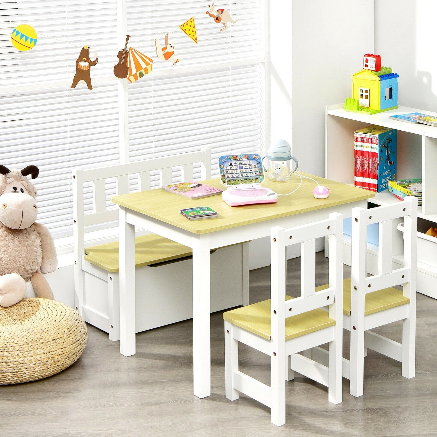 Kids Wooden Activity Table and Chairs Set with Storage Bench