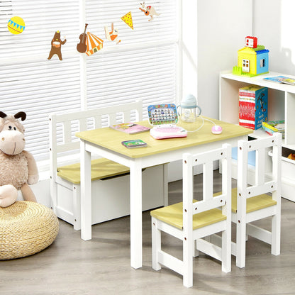 Kids Wooden Activity Table and Chairs Set with Storage Bench