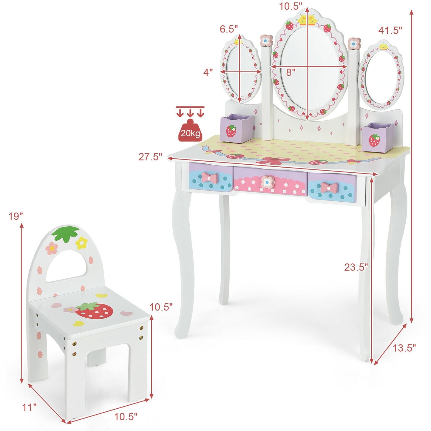 Kids Vanity Table Set with Tri-Fold Mirror and Chair