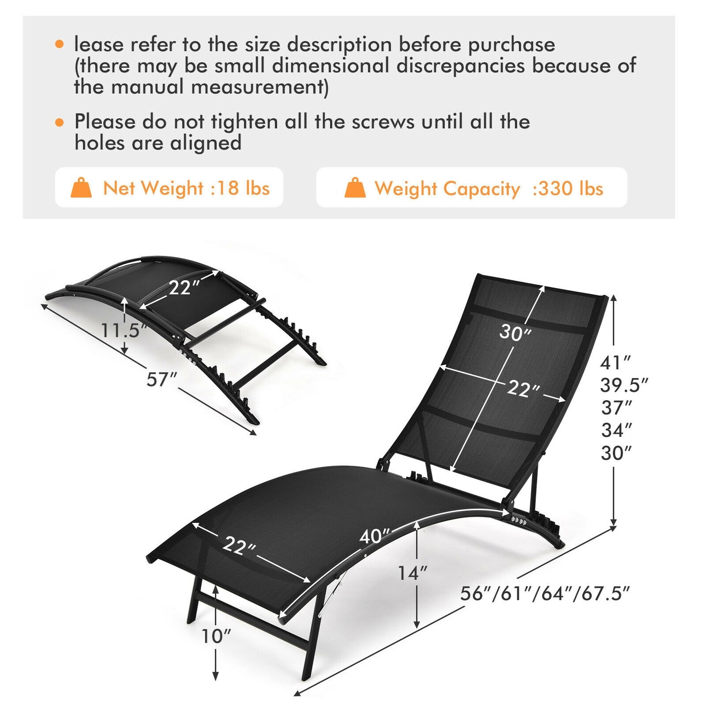 Folding Chaise Lounge Chairs Set of 2 with 5-Position Backrest