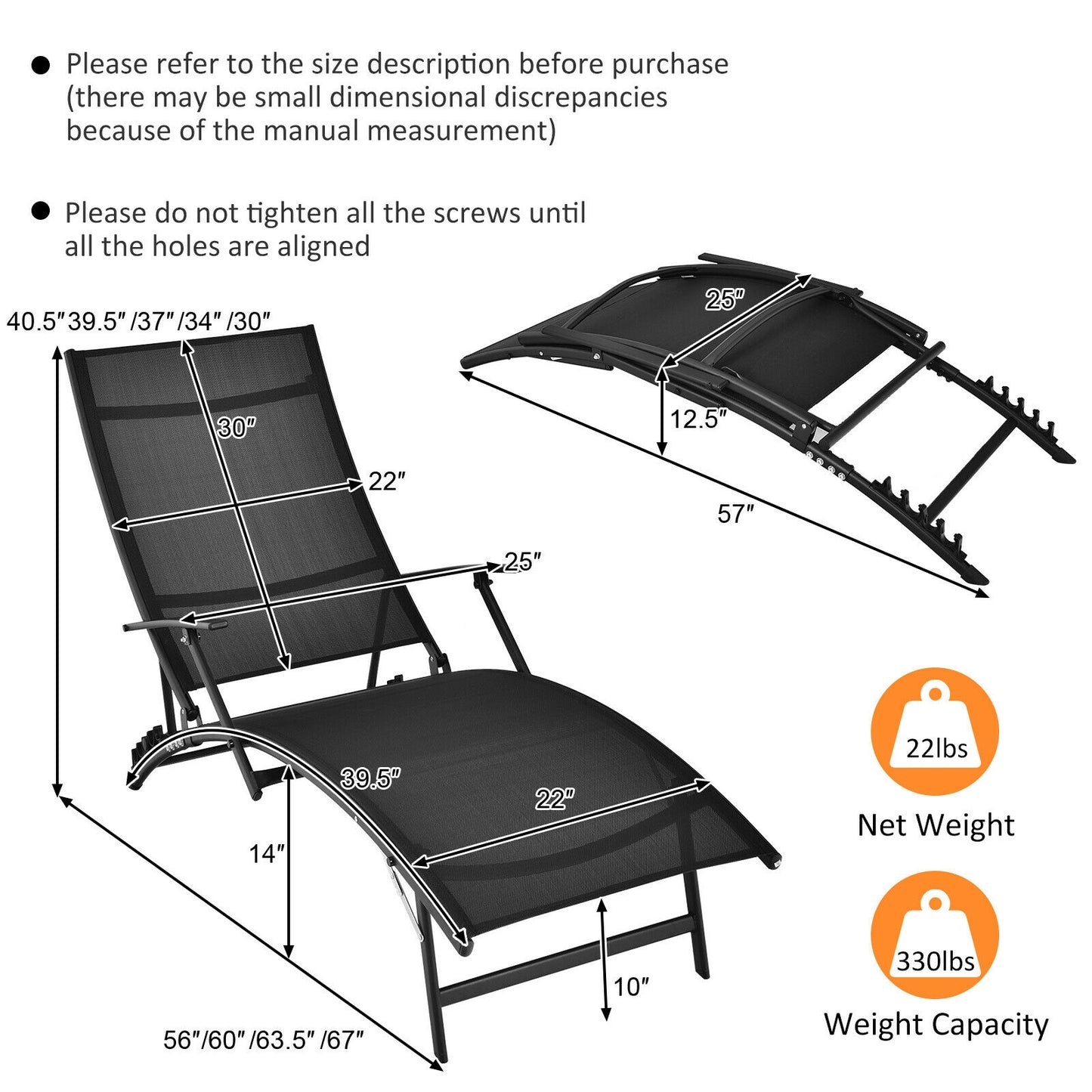 Folding Stackable Chaise Lounge Chairs Set of 2 with Armrests