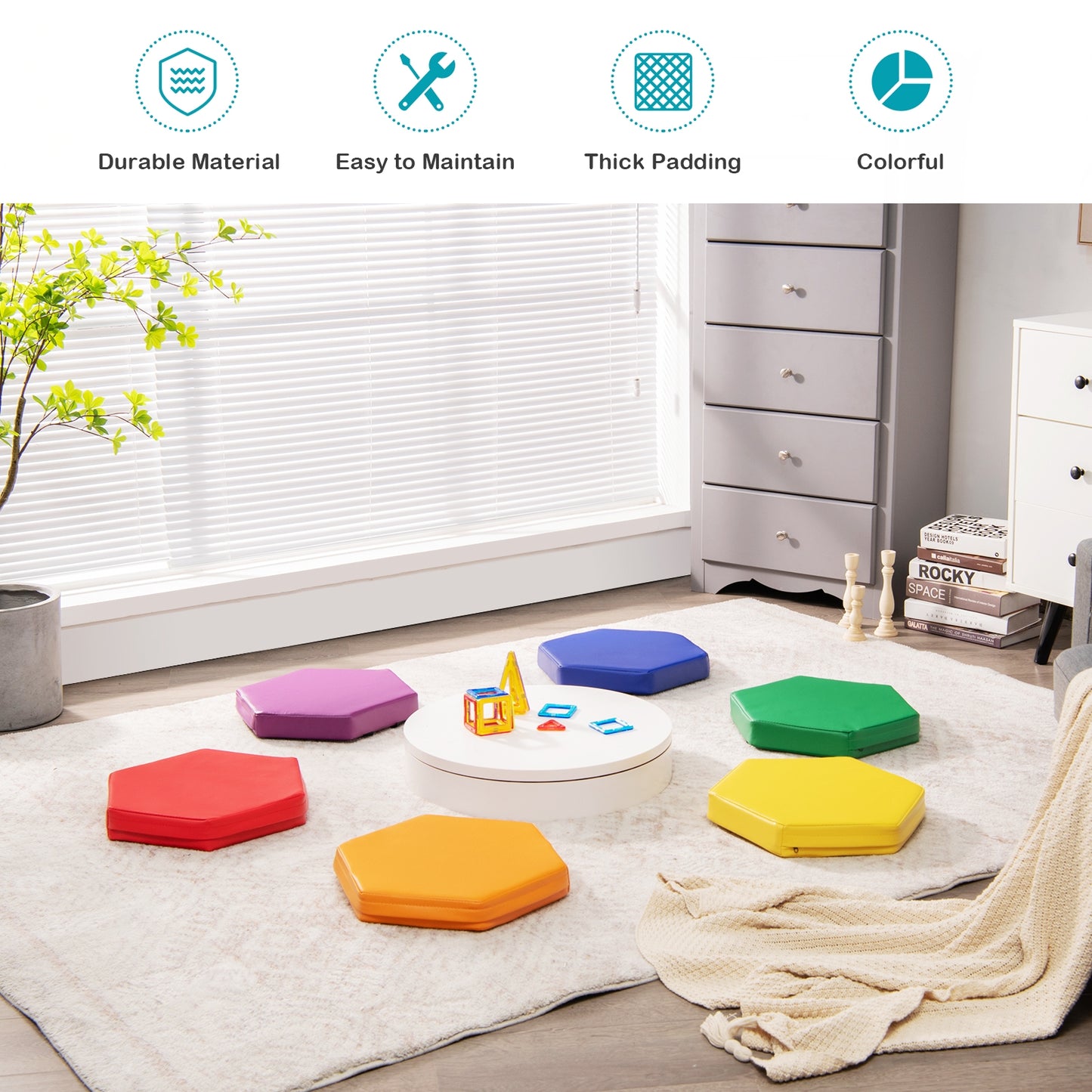 Hexagon Toddler Floor Cushions with Handles, 6-Piece Set