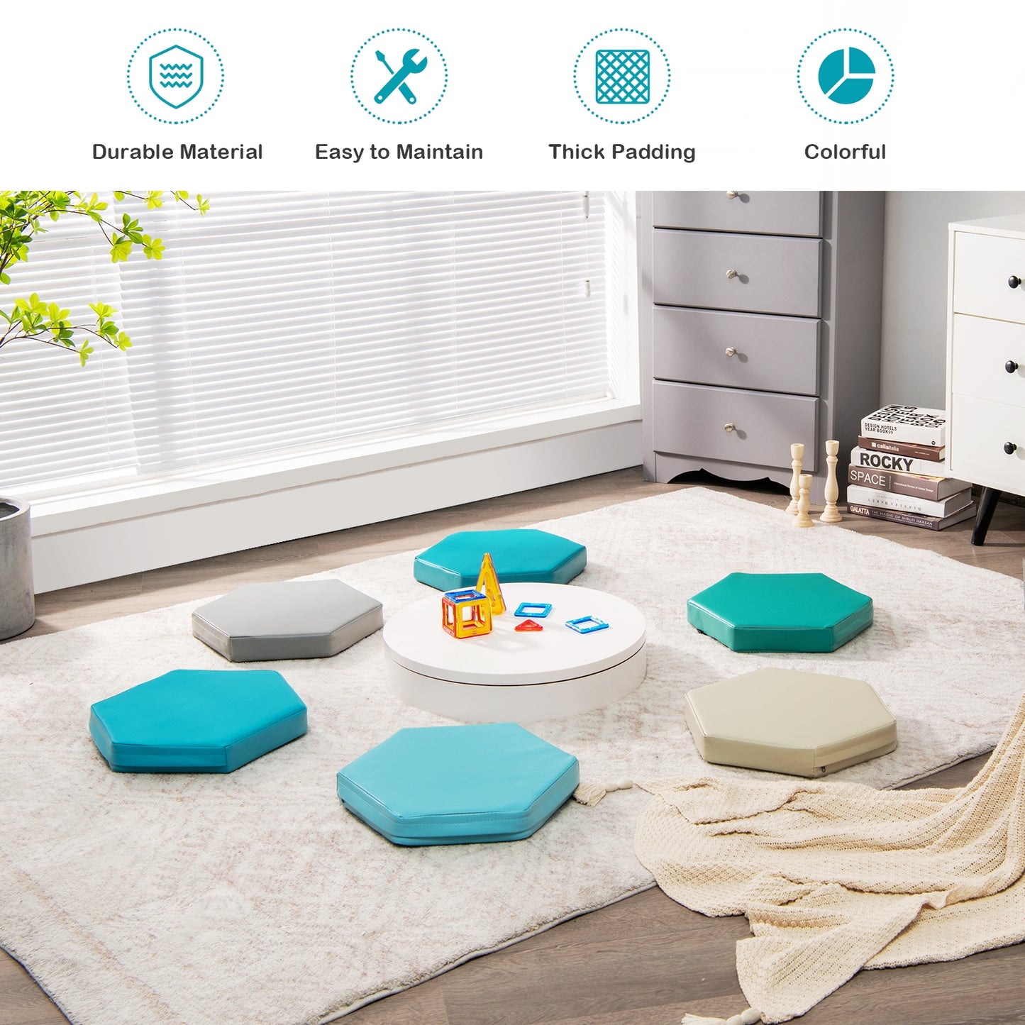 Hexagon Toddler Floor Cushions with Handles, 6-Piece Set