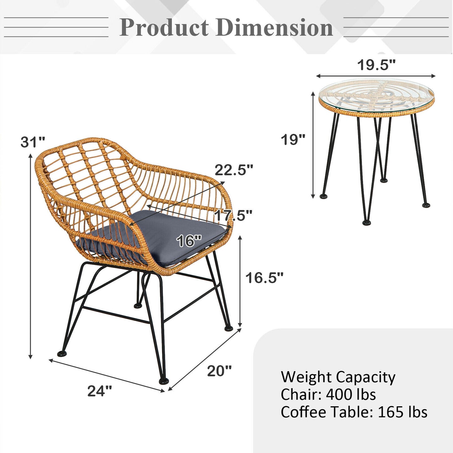 3-Piece Rattan Patio Conversation Set with Cushioned Chairs