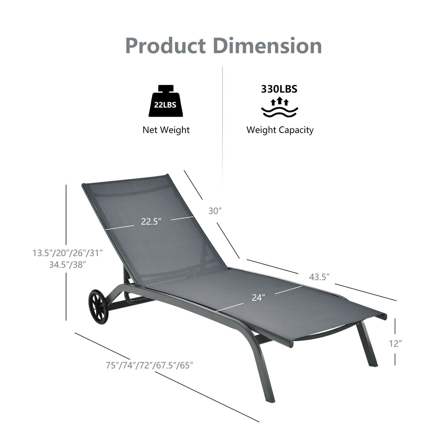 Adjustable Outdoor Chaise Lounge with Wheels - 6 Positions