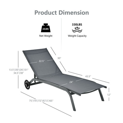 Adjustable Outdoor Chaise Lounge with Wheels - 6 Positions
