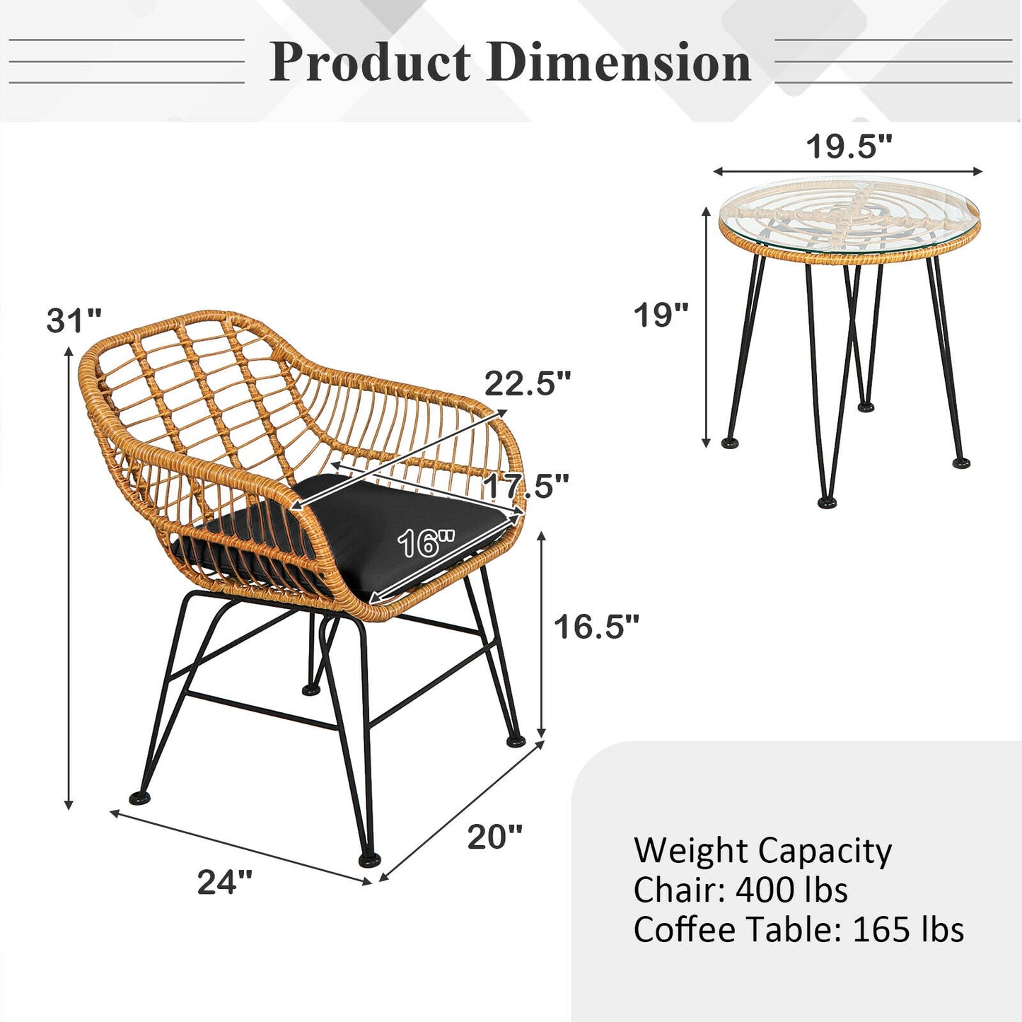 3-Piece Rattan Patio Conversation Set with Cushioned Chairs