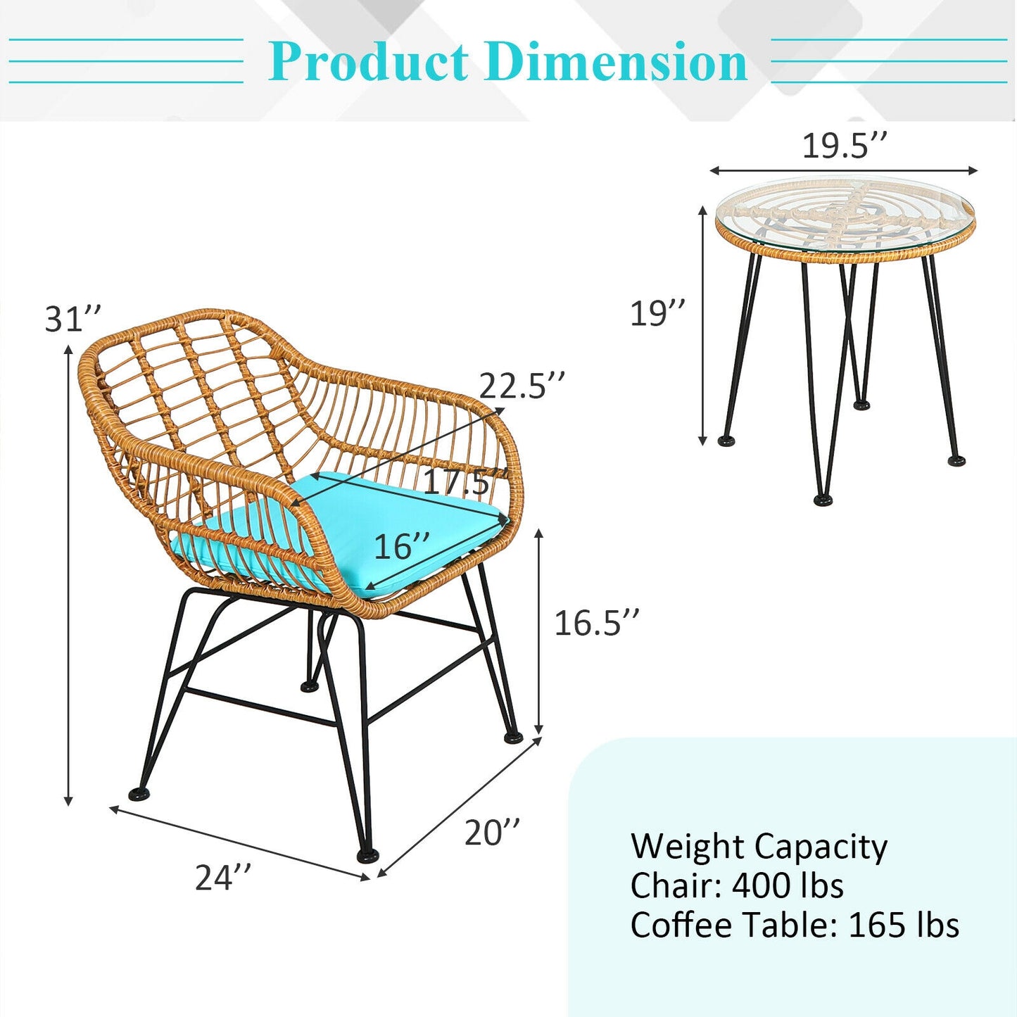 3-Piece Rattan Patio Conversation Set with Cushioned Chairs