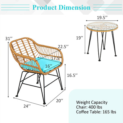 3-Piece Rattan Patio Conversation Set with Cushioned Chairs