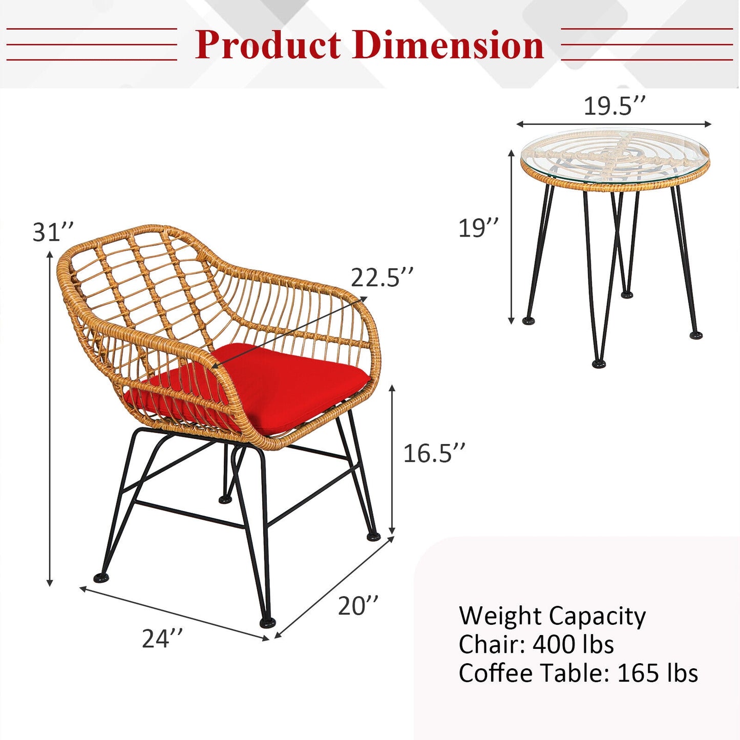 3-Piece Rattan Patio Conversation Set with Cushioned Chairs