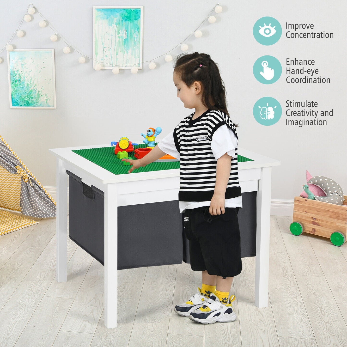Kids 2-in-1 Activity Table with Building Block Board & Drawers
