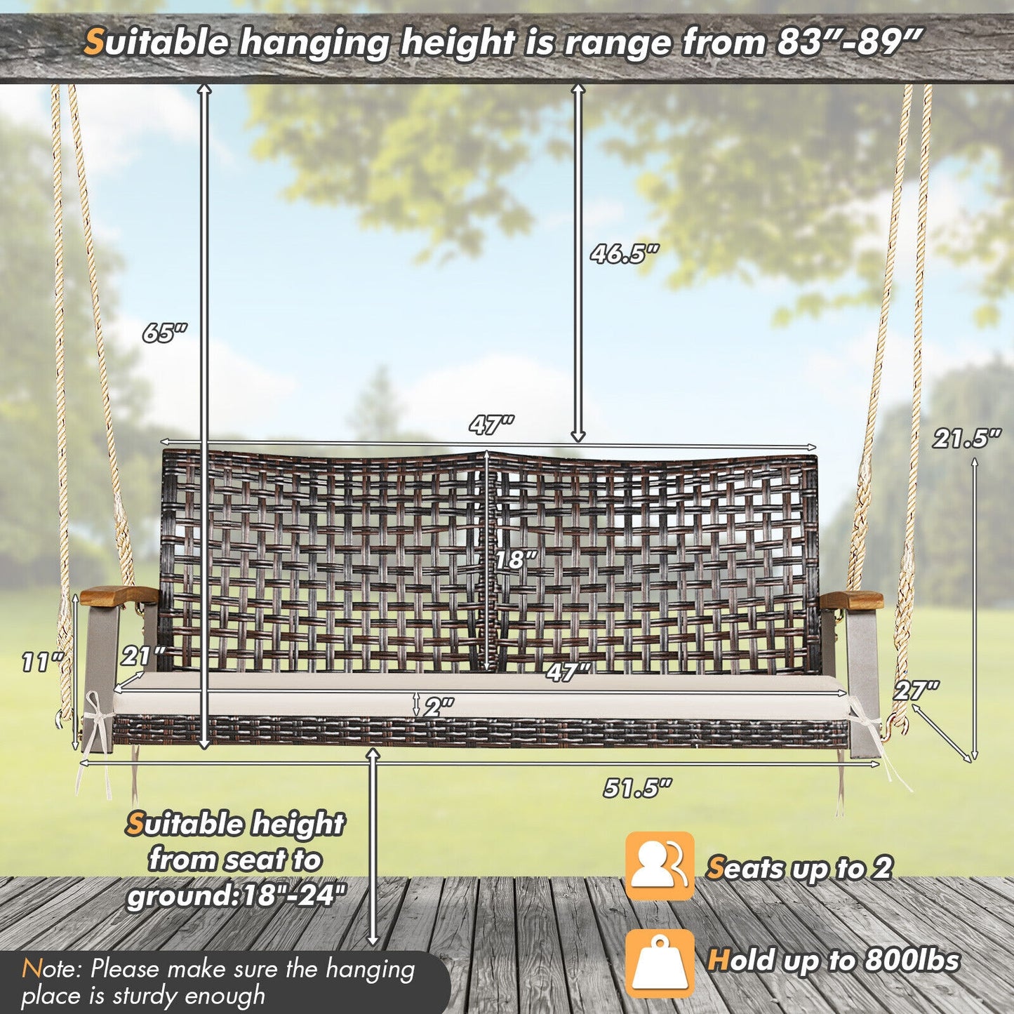 2-Person Rattan Porch Swing Chair with Cushion