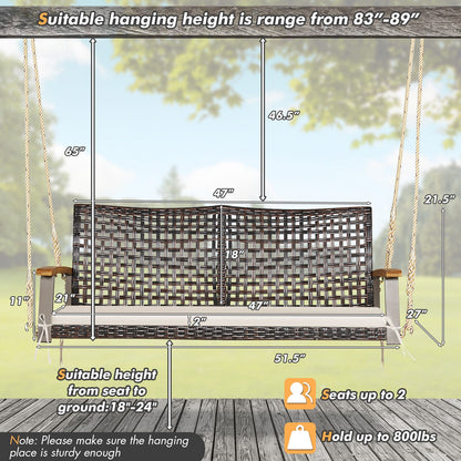 2-Person Rattan Porch Swing Chair with Cushion