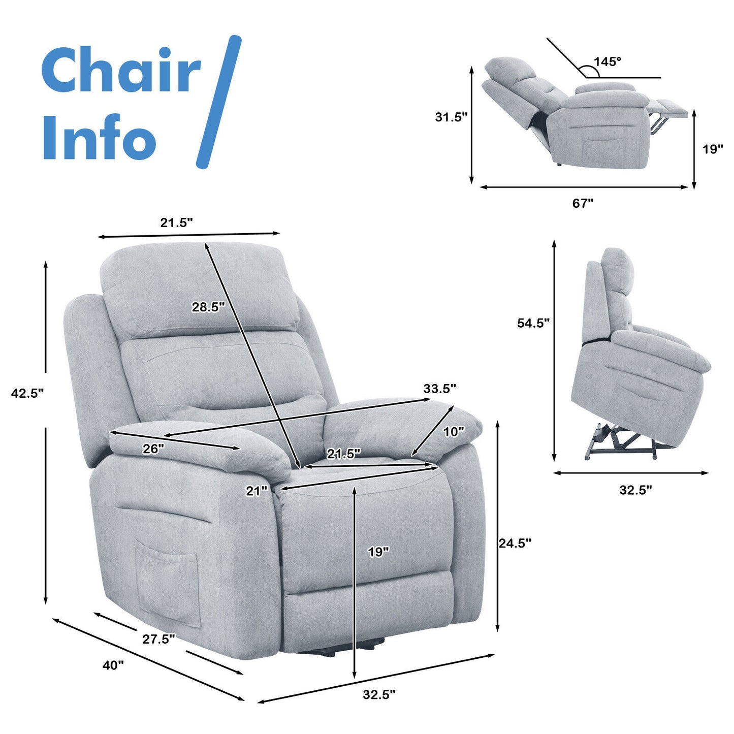 Power Lift Recliner Chair with Remote Control and Side Pocket