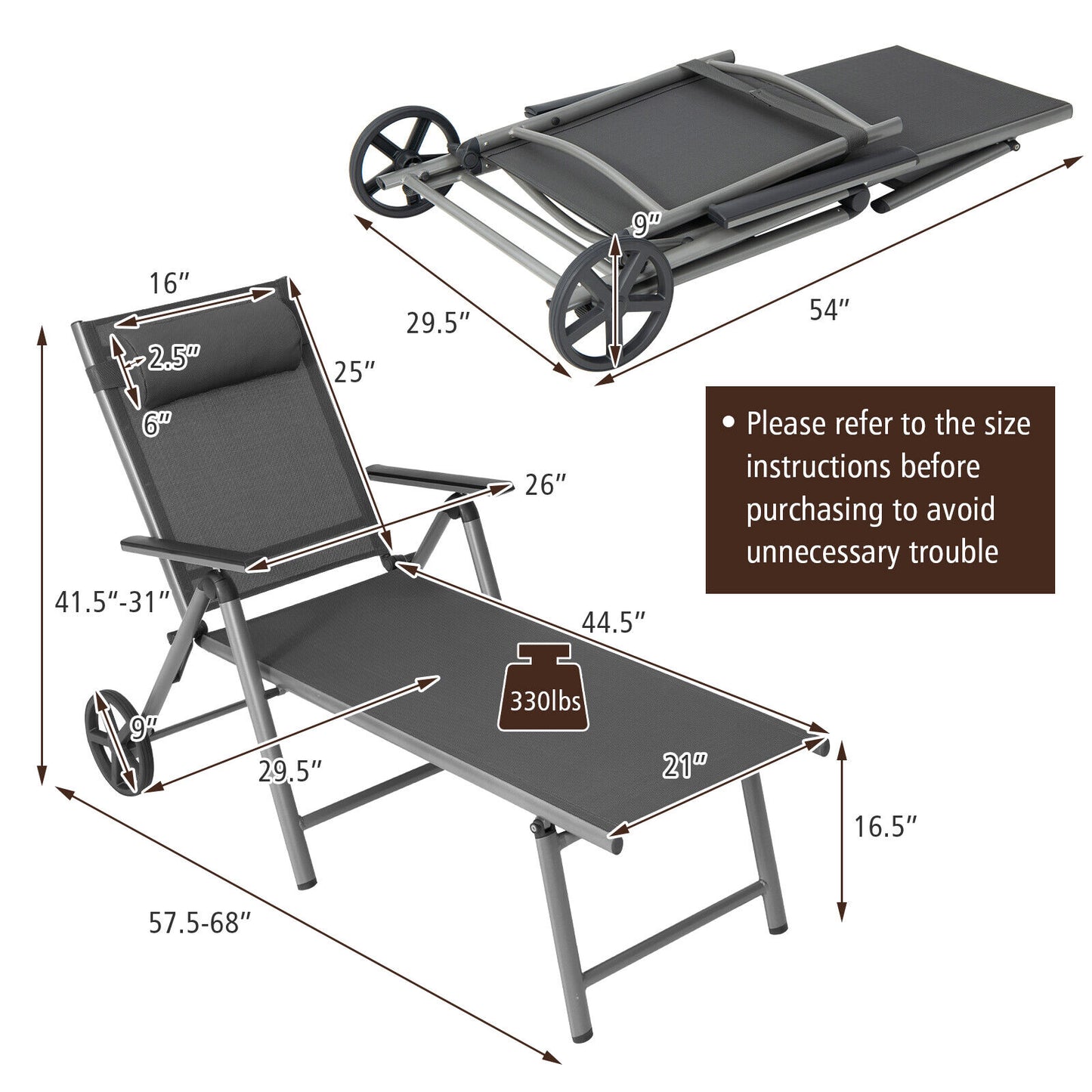 Adjustable Folding Chaise Lounge Chair with Wheels