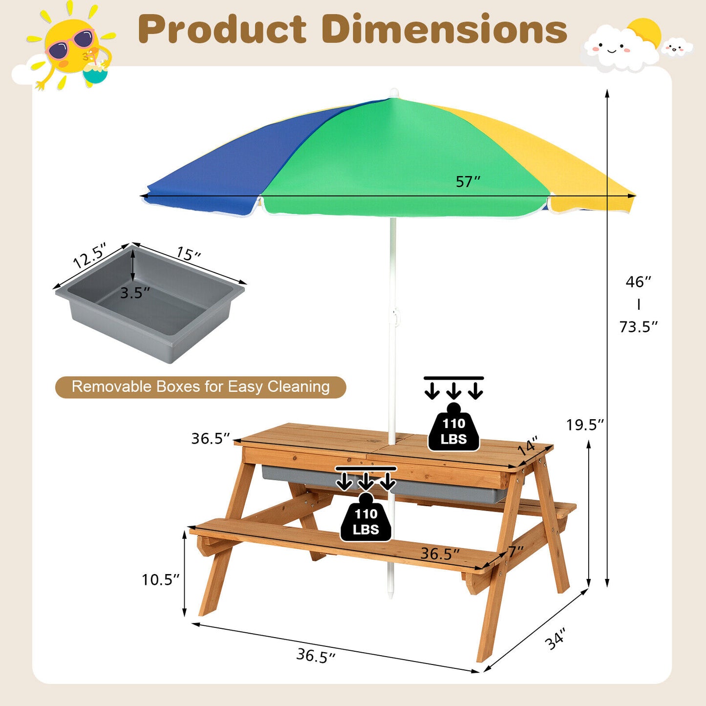 Kids Outdoor Picnic Table with Umbrella and Sand Water Play
