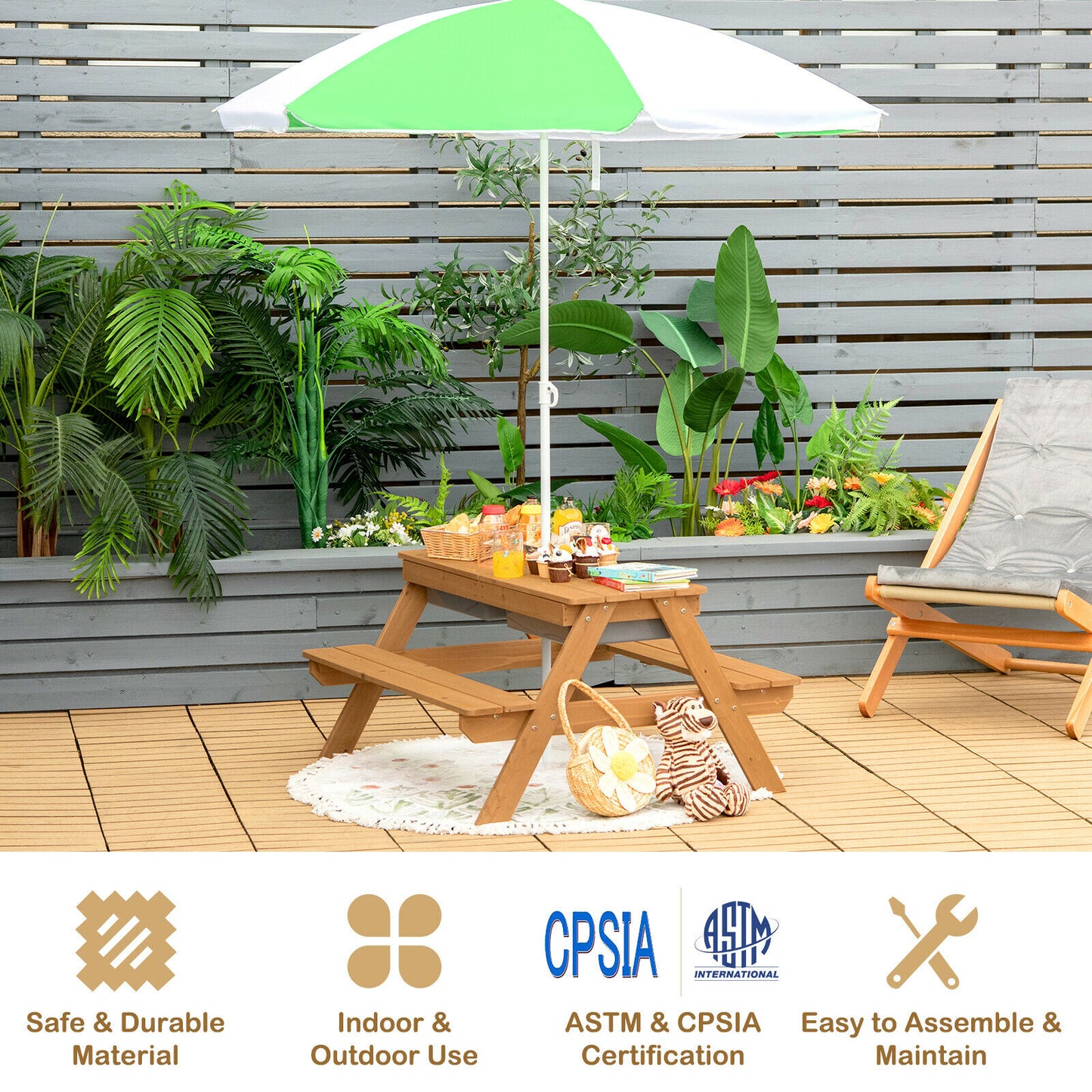 Kids Outdoor Picnic Table with Umbrella and Sand Water Play