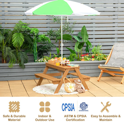 Kids Outdoor Picnic Table with Umbrella and Sand Water Play