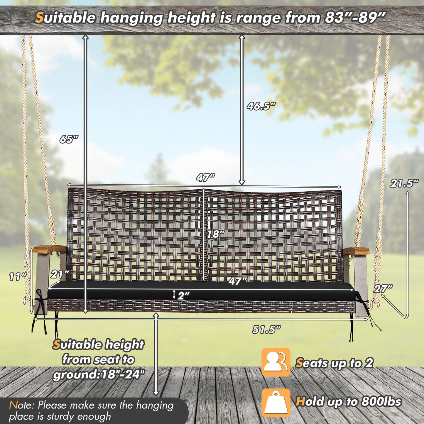 2-Person Rattan Porch Swing Chair with Cushion
