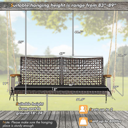 2-Person Rattan Porch Swing Chair with Cushion