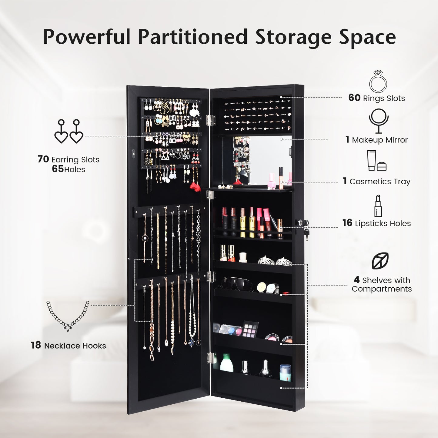 Wall Mounted Jewelry Cabinet with LED Lights and Mirror
