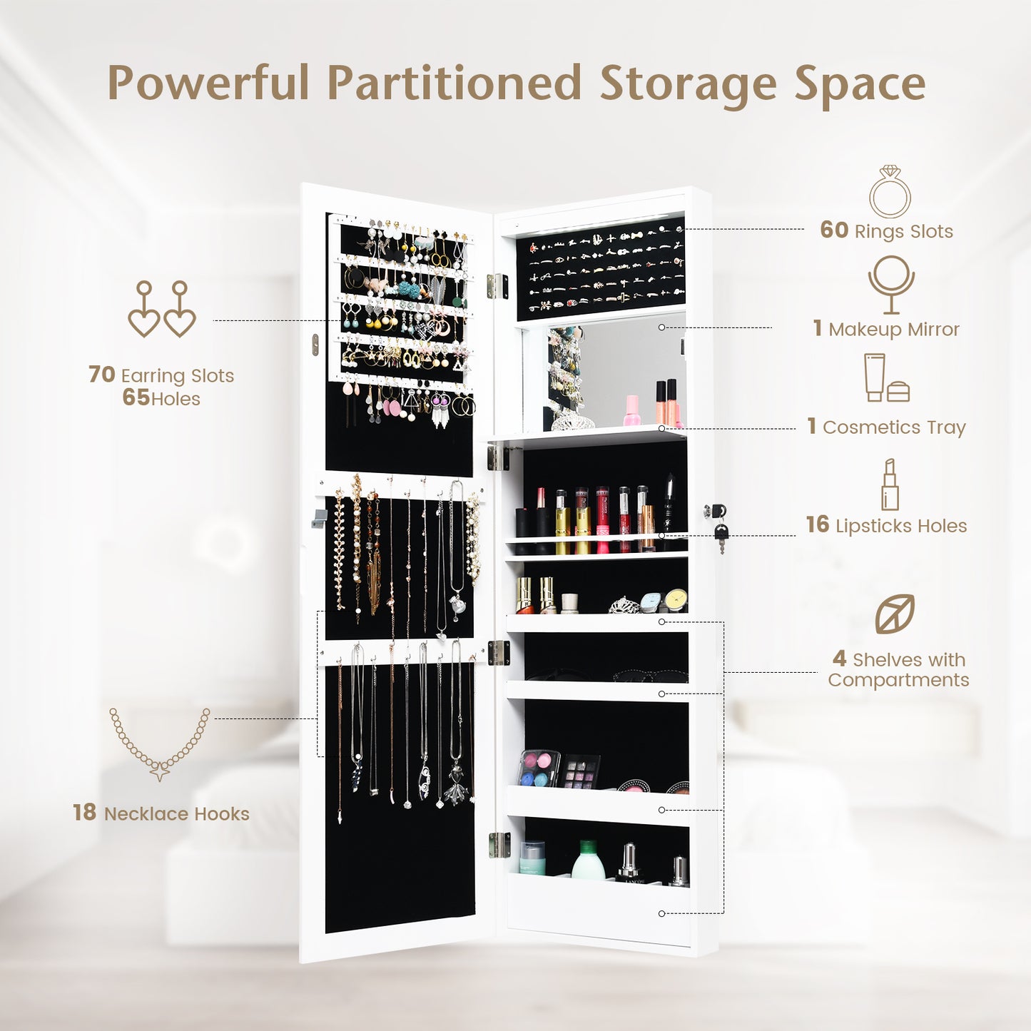 Wall Mounted Jewelry Cabinet with LED Lights and Mirror