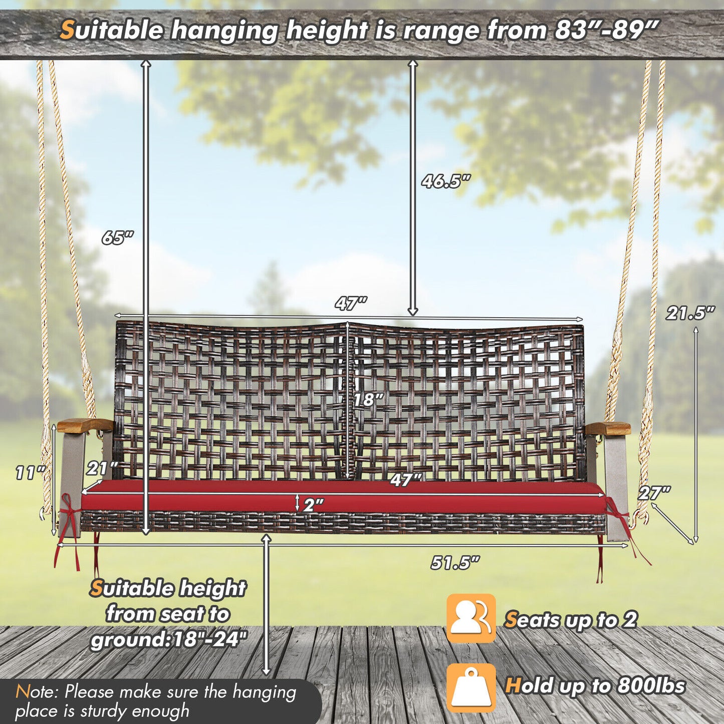 2-Person Rattan Porch Swing Chair with Cushion