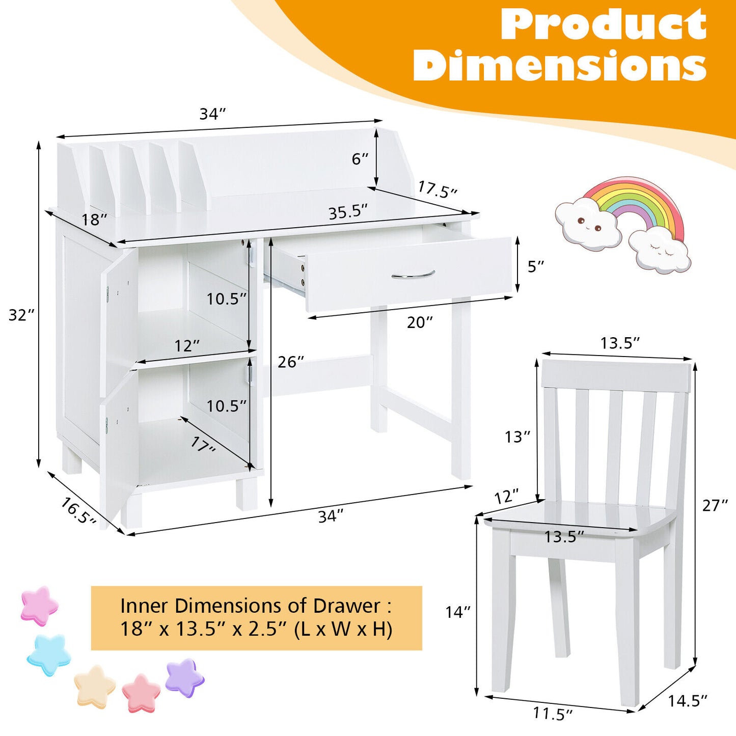 Kids Writing Desk and Chair Set with Storage Drawer