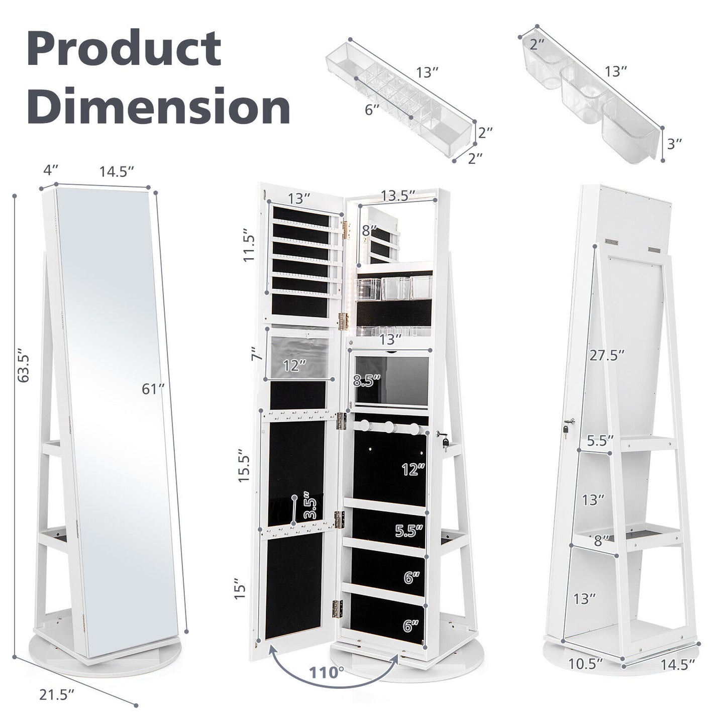 Rotating Mirrored Jewelry Armoire with LED Lighting