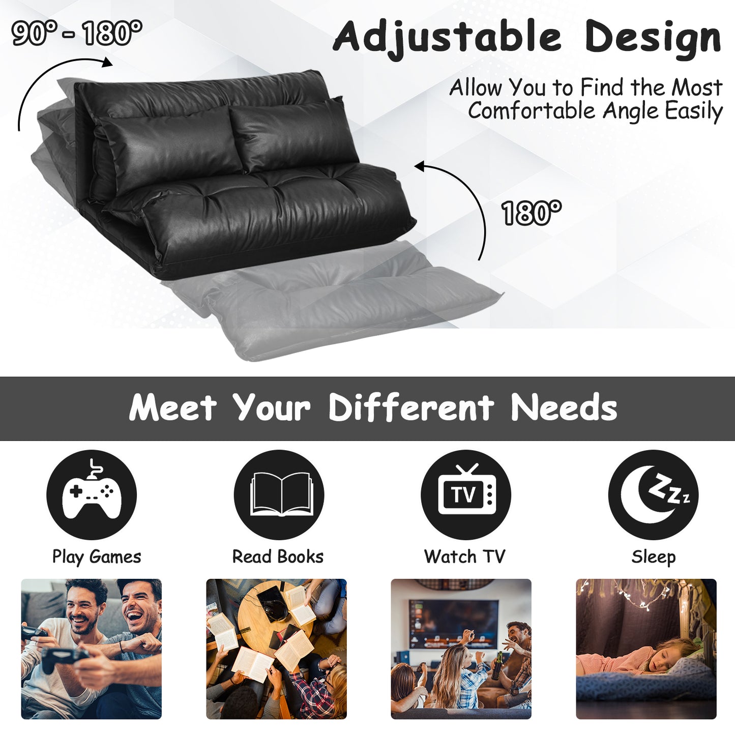 Adjustable Floor Sofa Bed with Pillows - Foldable PU Leather