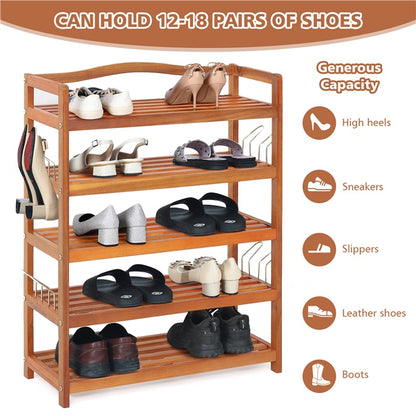3-Tier Acacia Wood Shoe Rack with Side Metal Hooks