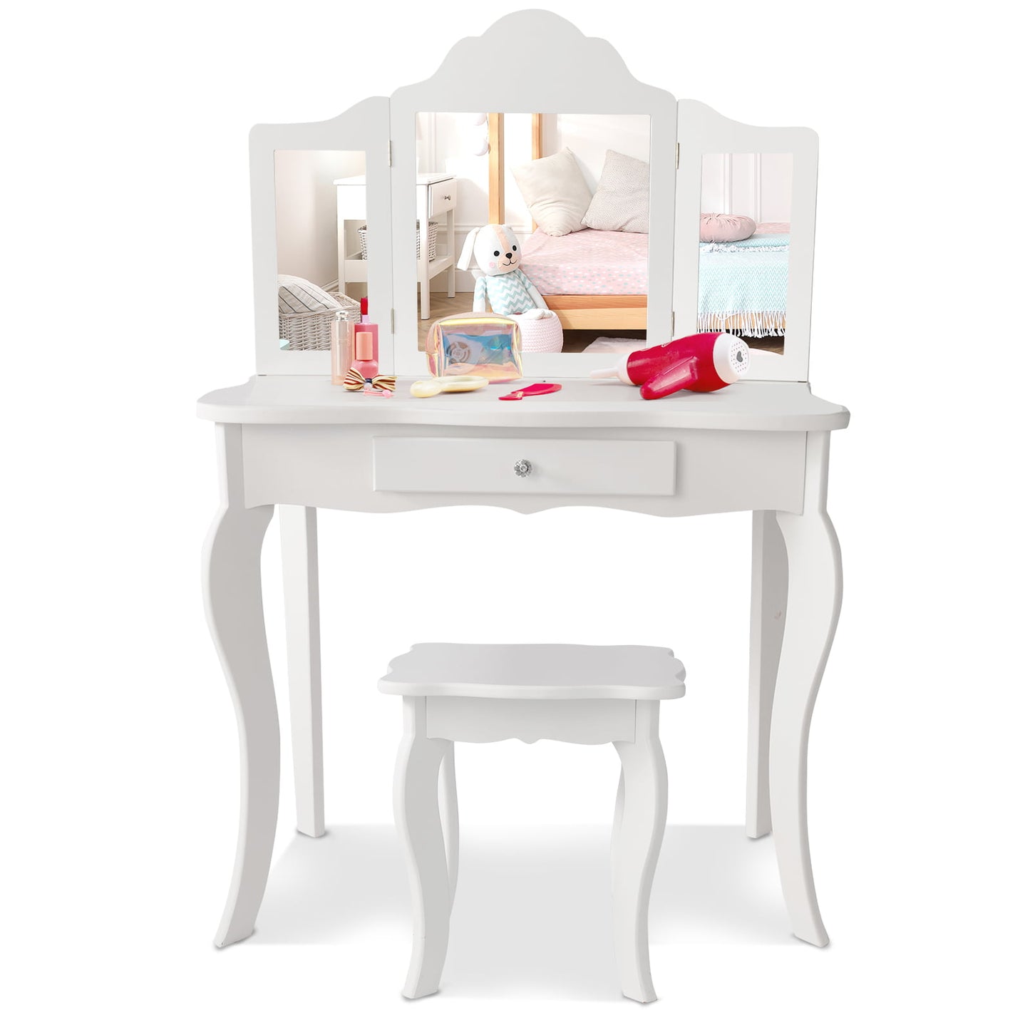 Kids Vanity Table and Stool Set with Mirror and Drawer