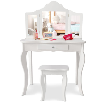 Kids Vanity Table and Stool Set with Mirror and Drawer