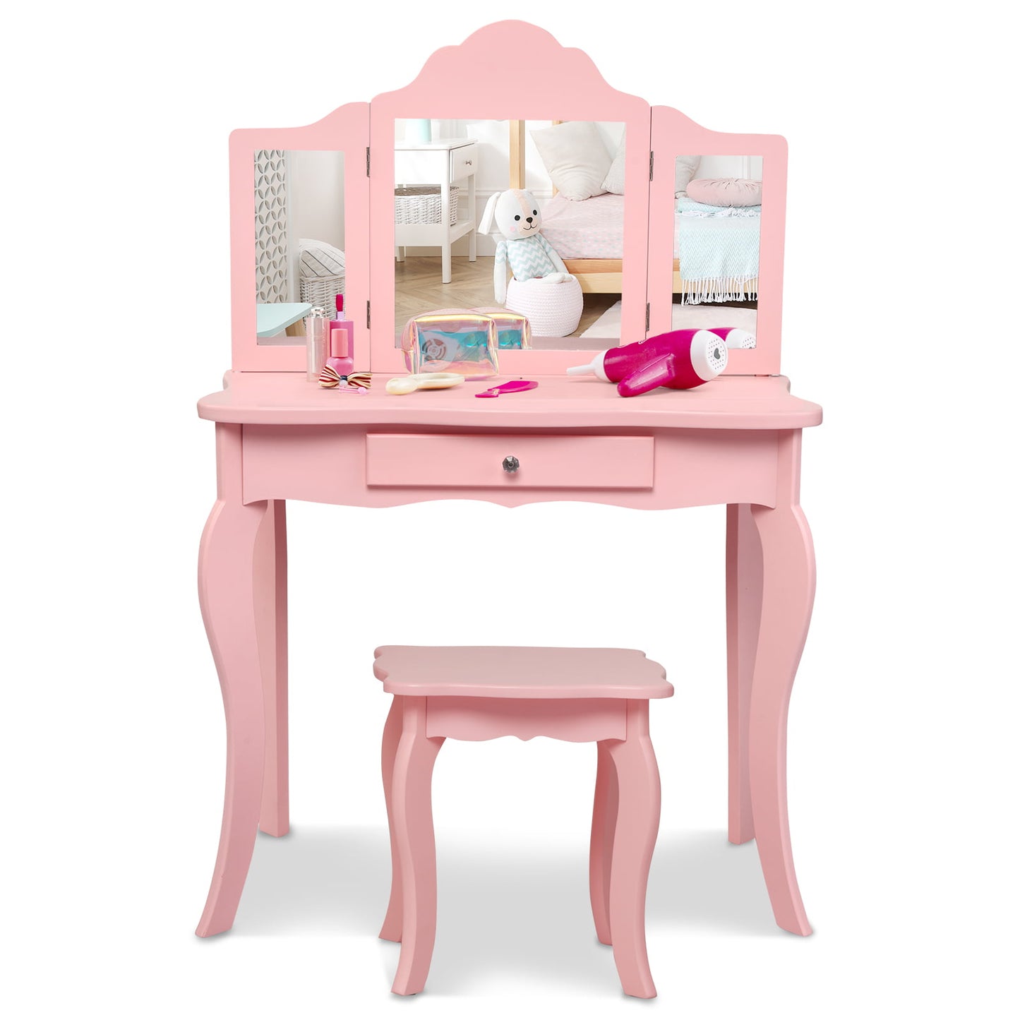 Kids Vanity Table and Stool Set with Mirror and Drawer