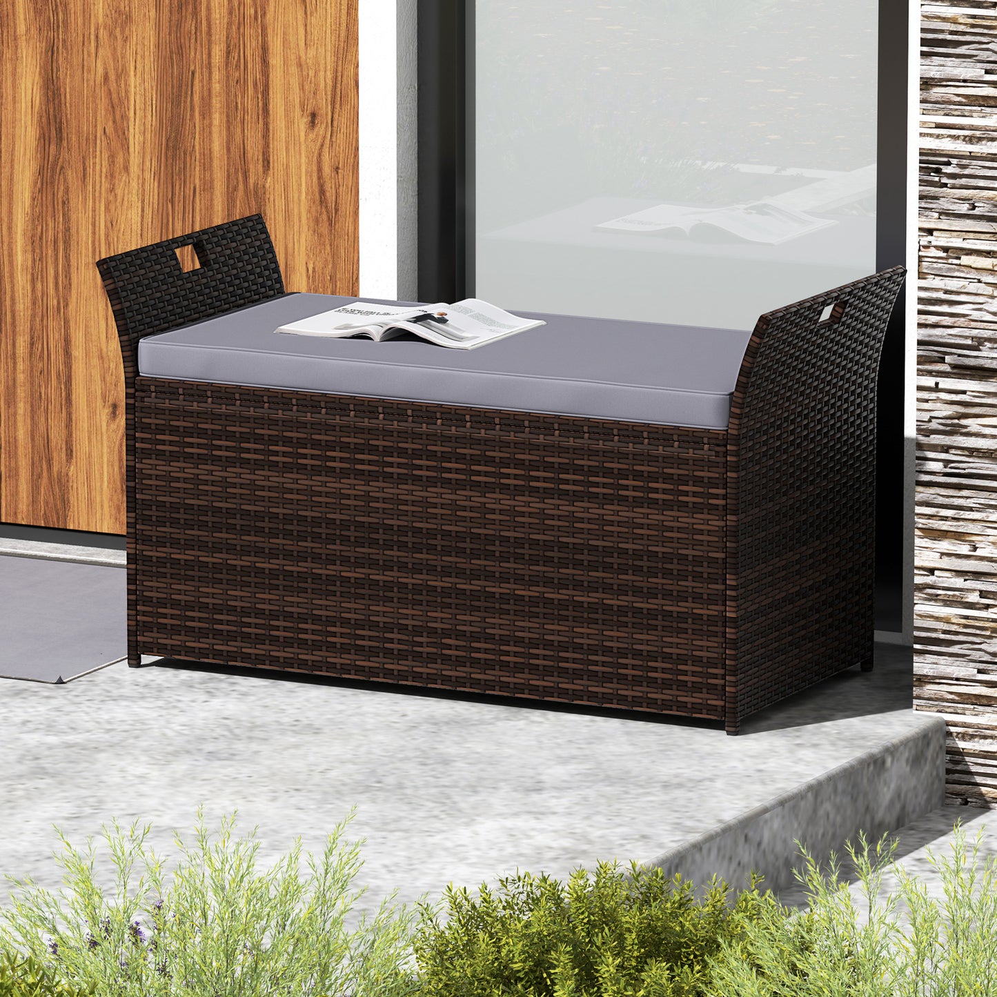 Outdoor Storage Bench with Hand-Woven PE Rattan Wicker