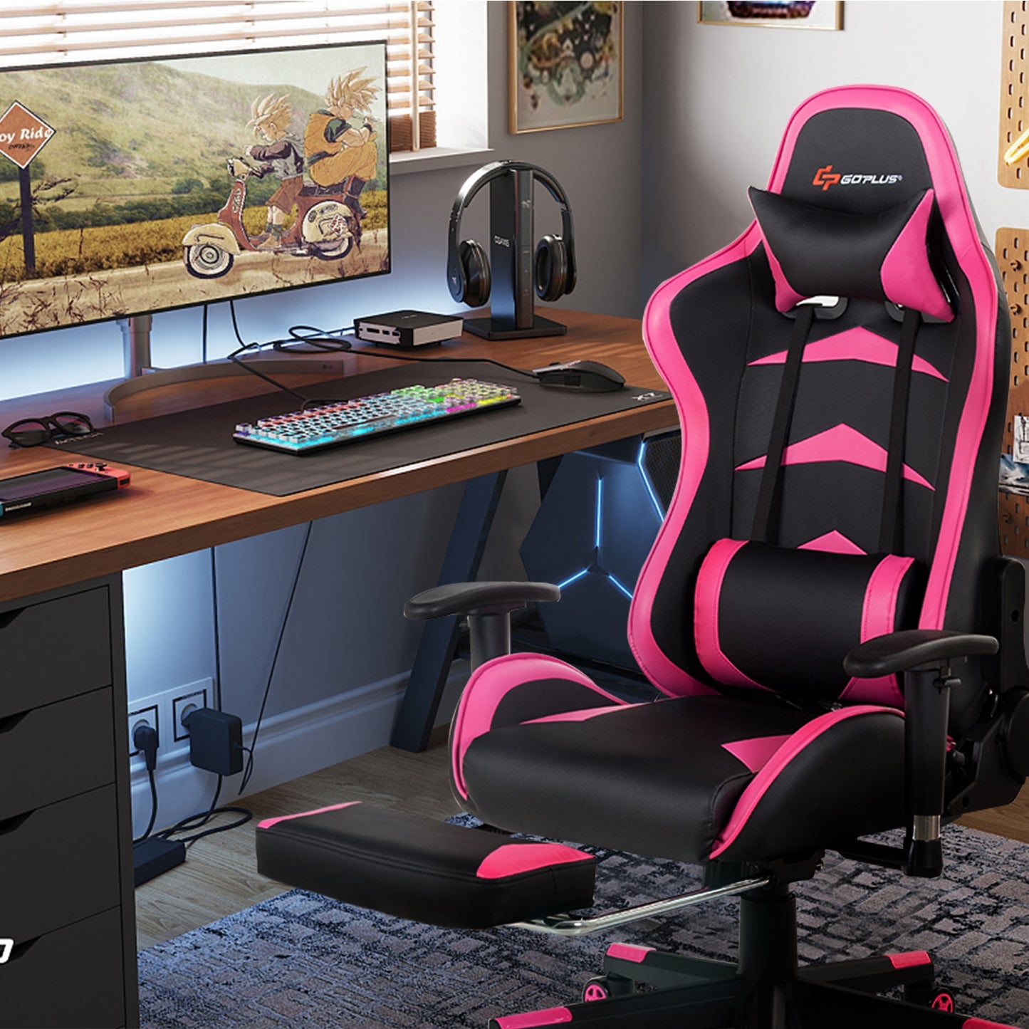 Gaming Chair with Massage Lumbar & Retractable Footrest