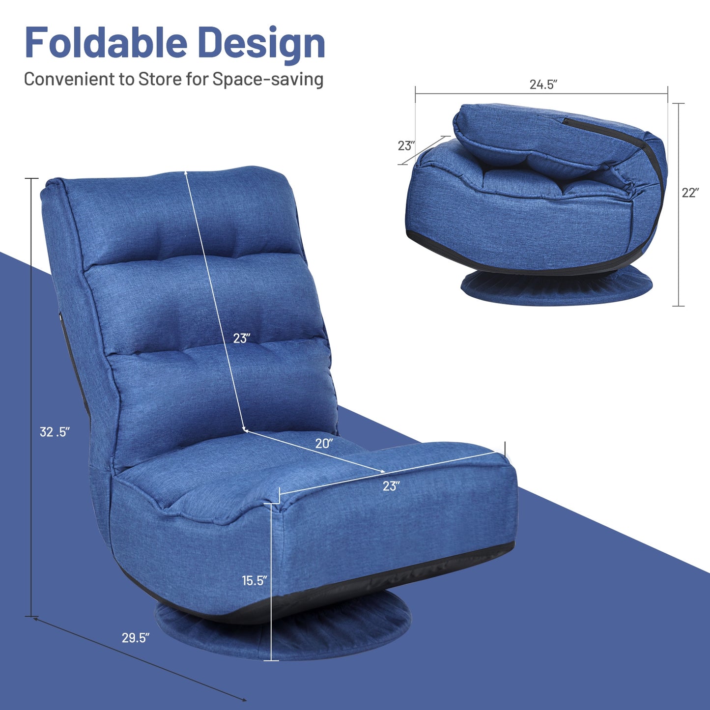 Folding Floor Gaming Chair with 360° Swivel Base