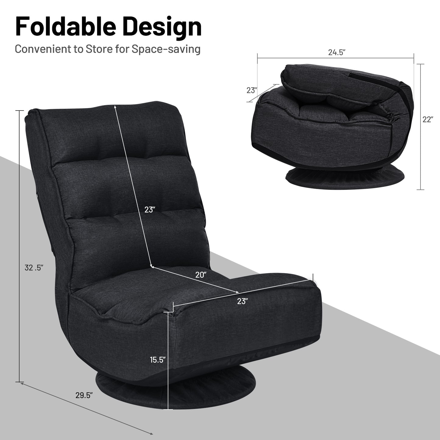 Folding Floor Gaming Chair with 360° Swivel Base