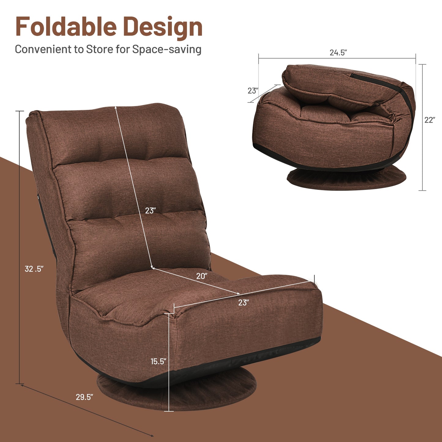 Folding Floor Gaming Chair with 360° Swivel Base