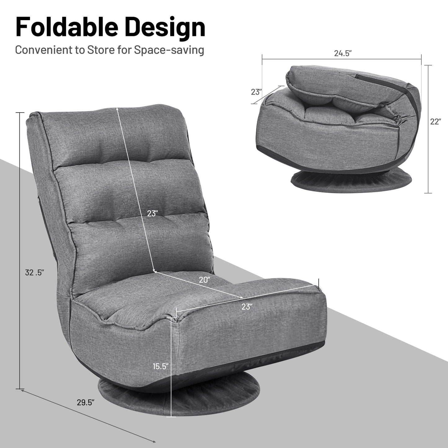 Folding Floor Gaming Chair with 360° Swivel Base