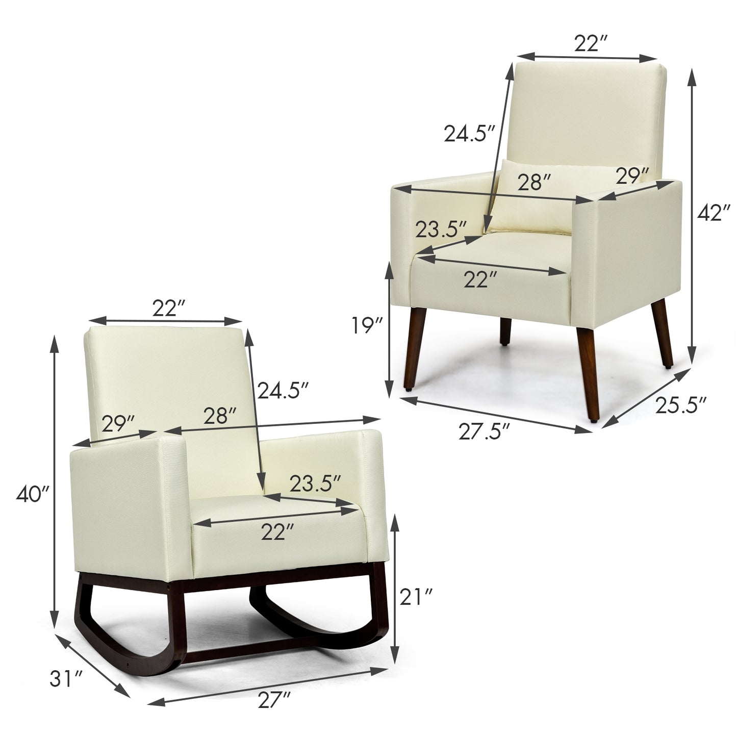 2-in-1 Rocking Chair with Pillow, Beige Linen Upholstery