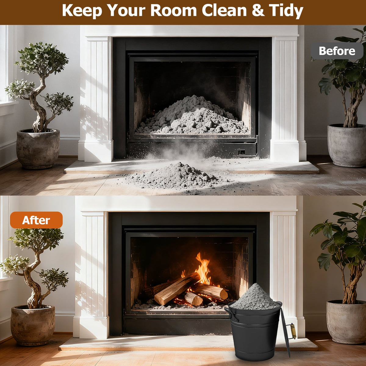 2.9 Gallon Metal Coal Ash Can with Wooden Lid and Side Grips for Fireplace Fire Pits