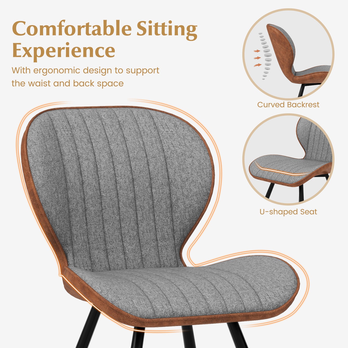 Armless Dining Chairs Set of 2 with Curved Backrest Gray