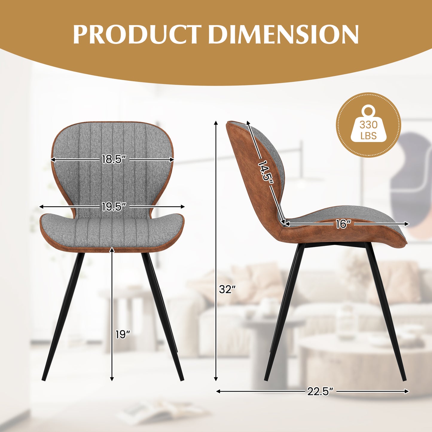 Armless Dining Chairs Set of 2 with Curved Backrest Gray