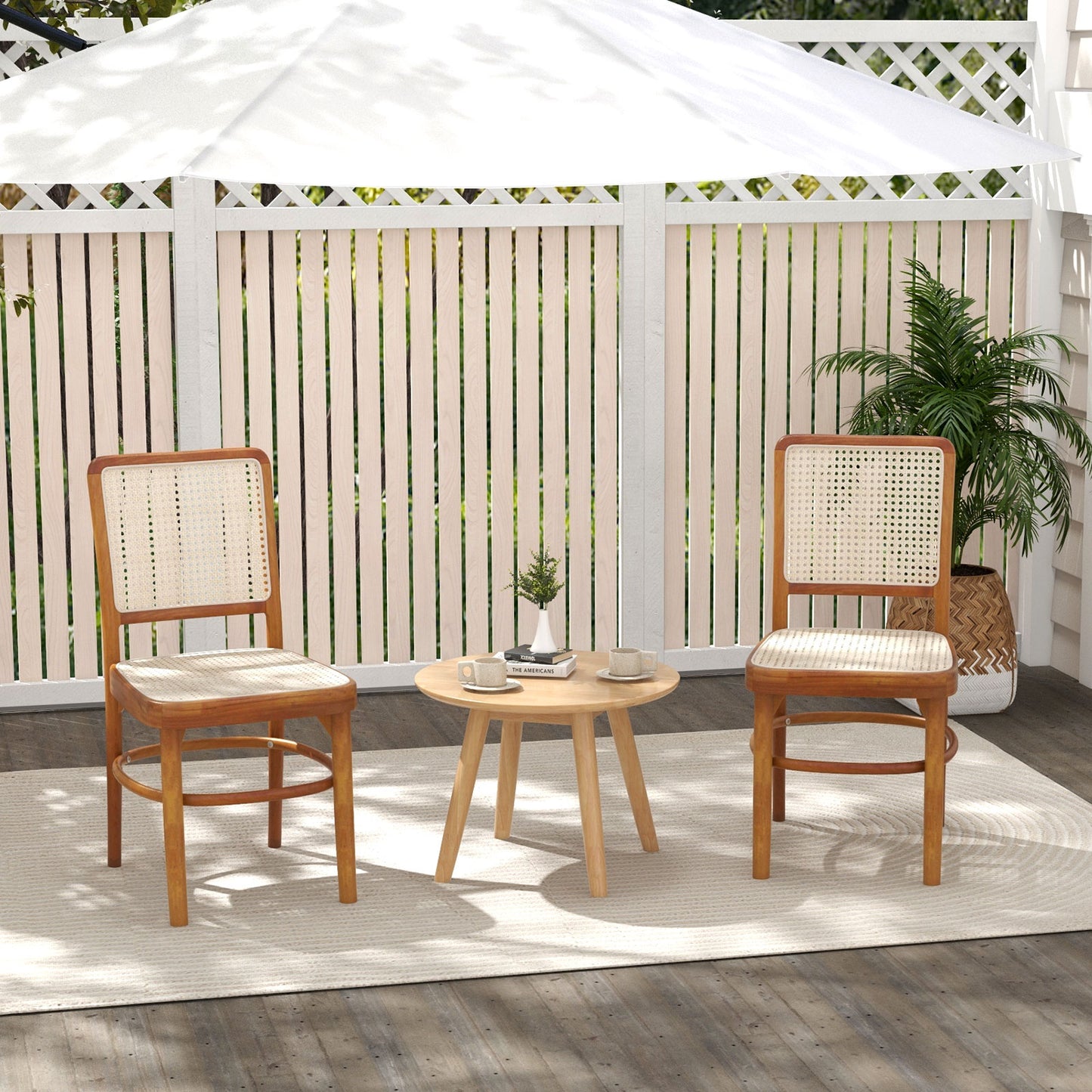 Rattan Dining Chairs Set of 2 with Teak Wood Frame