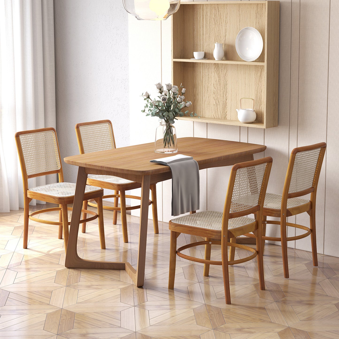 Rattan Dining Chairs Set of 2 with Teak Wood Frame