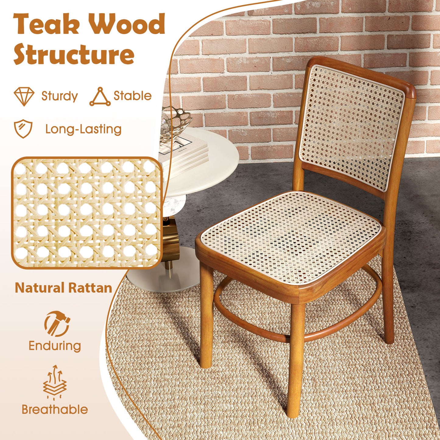Rattan Dining Chairs Set of 2 with Teak Wood Frame