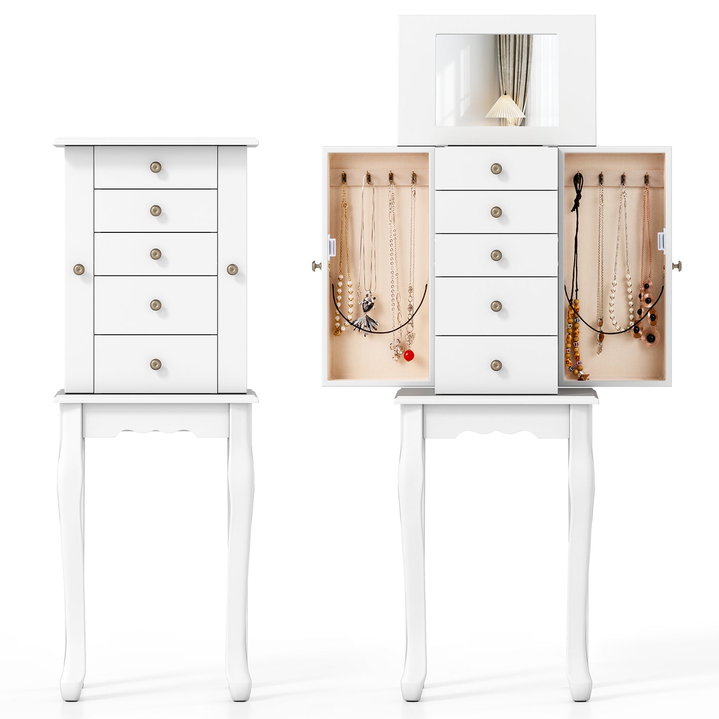 Standing Jewelry Armoire Cabinet with Mirror and 5 Drawers