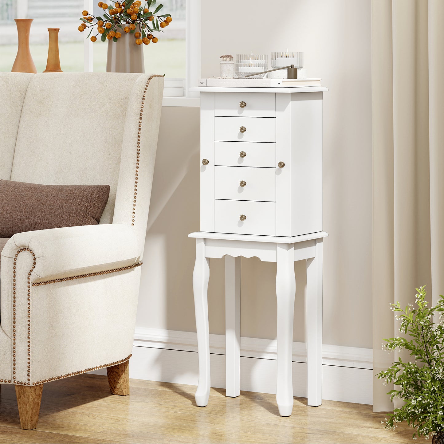 Standing Jewelry Armoire Cabinet with Mirror and 5 Drawers